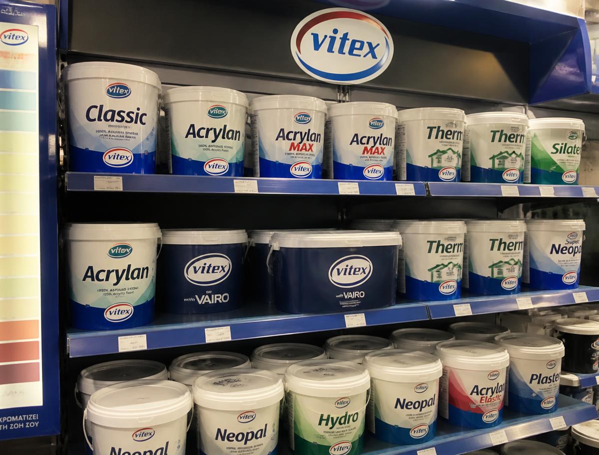 Κουβάδες χρωμάτων Vitex σε ράφια