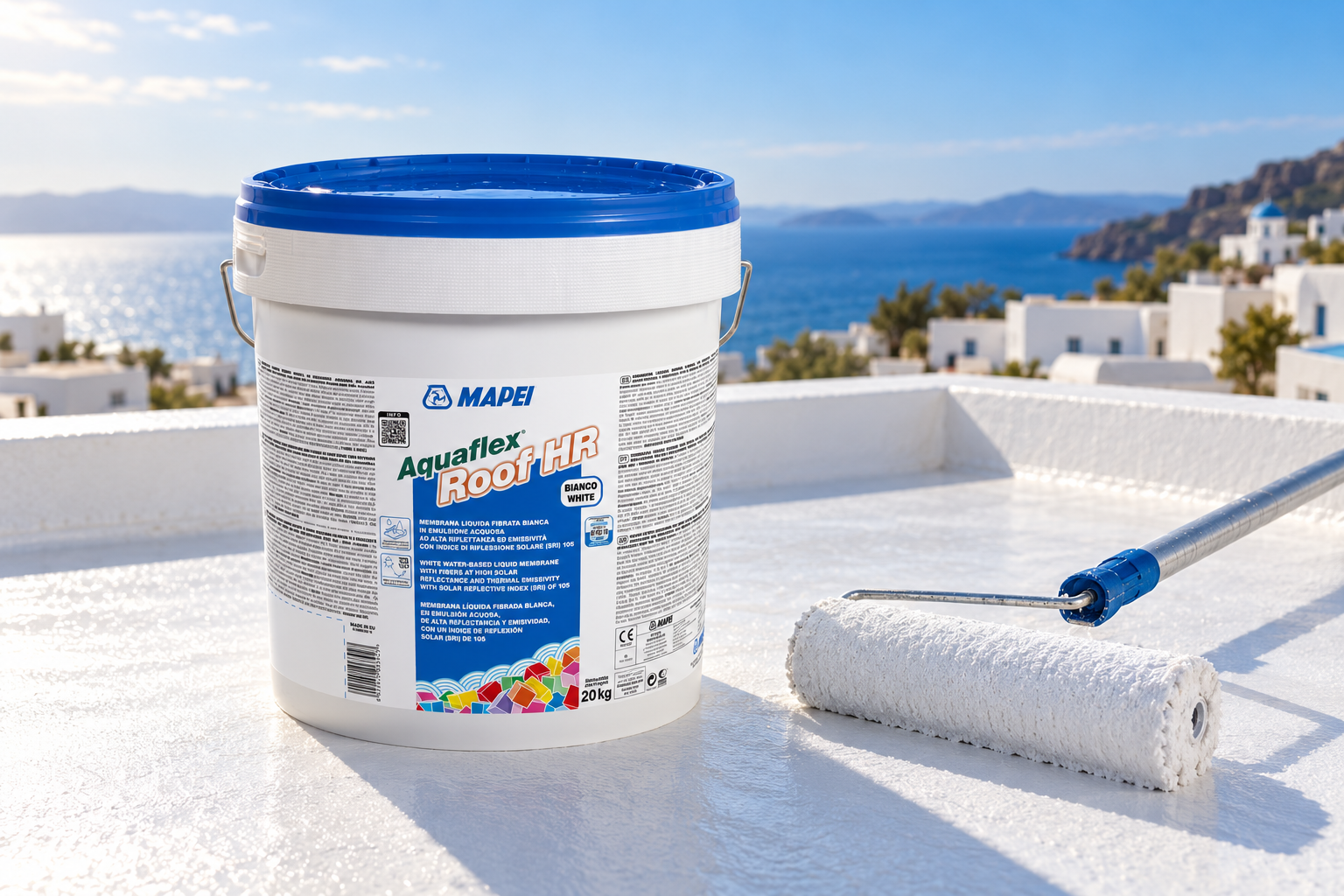 Mapei Aquaflex Roof HR σε λευκή ταράτσα με ρολό εφαρμογής