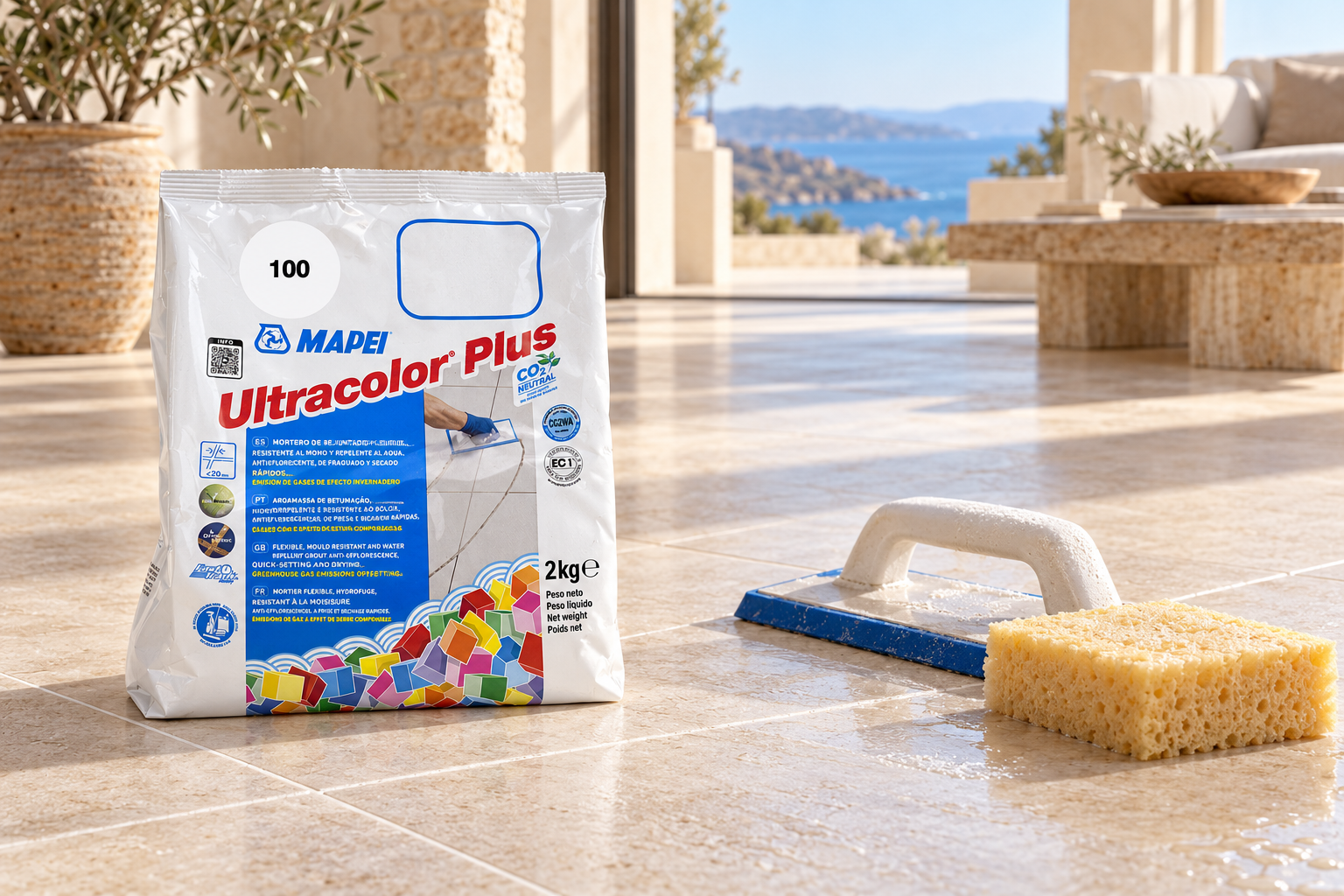 MAPEI Ultracolor Plus 100 με τριβείο αρμολόγησης και σφουγγάρι σε μεσογειακό χώρο με πλακάκια
